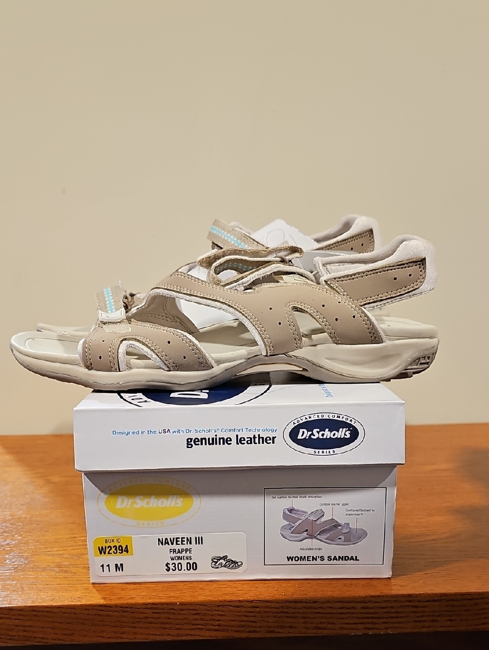Dr. Scholl's Women's Frappe Leather Sport Sandals - Beige with White Trim